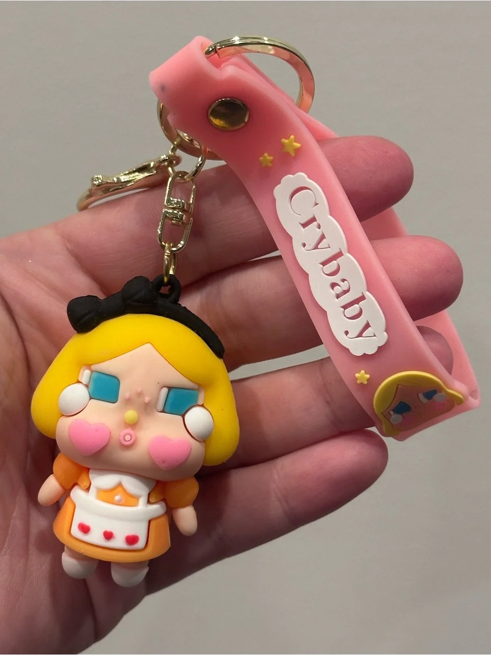 Crybaby Pink Kawaii Crying Girl PVC Keychain Wristlet Bag Charm Gold Tone NEW